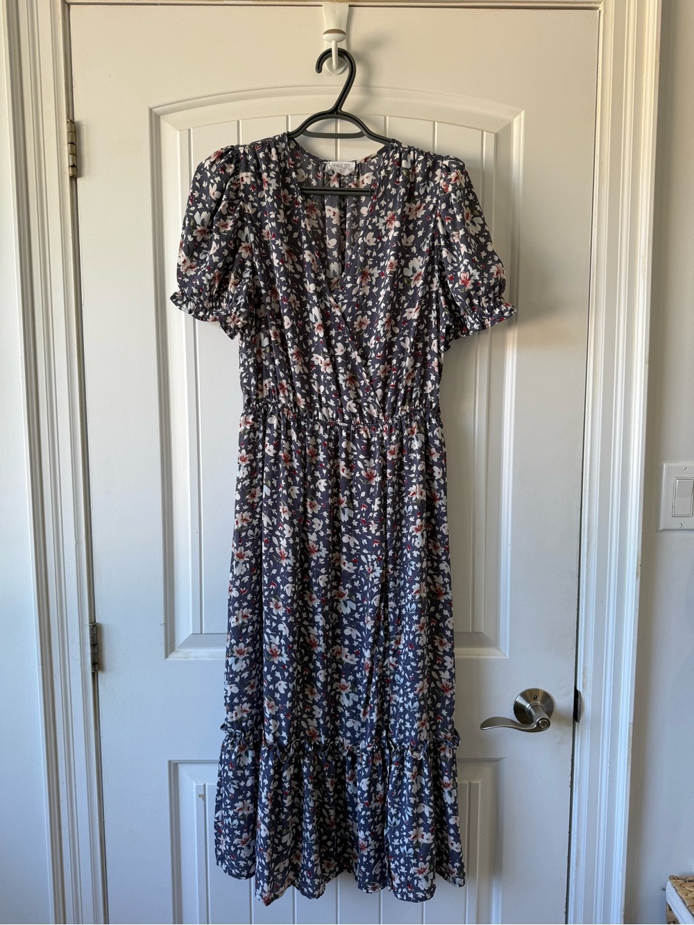 Sienna Sky Navy Floral Midi Dress with Puff Sleeves